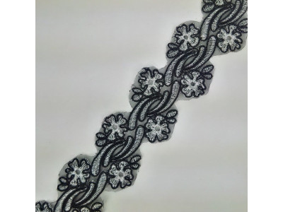 Glamur Čipka 44 mm / Crno-Srebrna