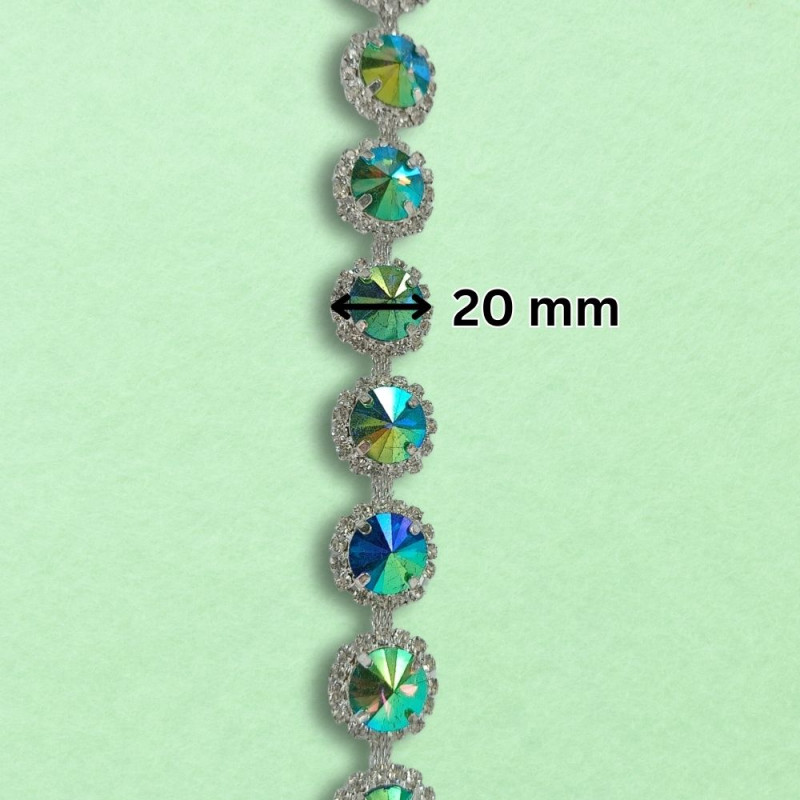 Metalna traka sa cirkonima / Tirkizna / Srebrna osnova / 20 mm