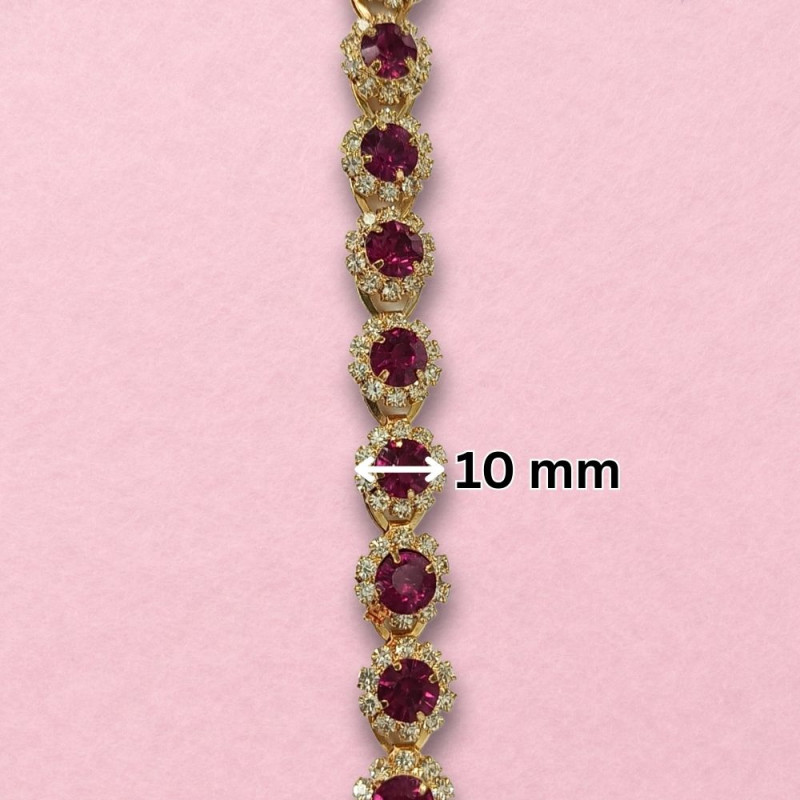 Metalna traka sa cirkonima / Tamno roze / Zlatna osnova / 10 mm