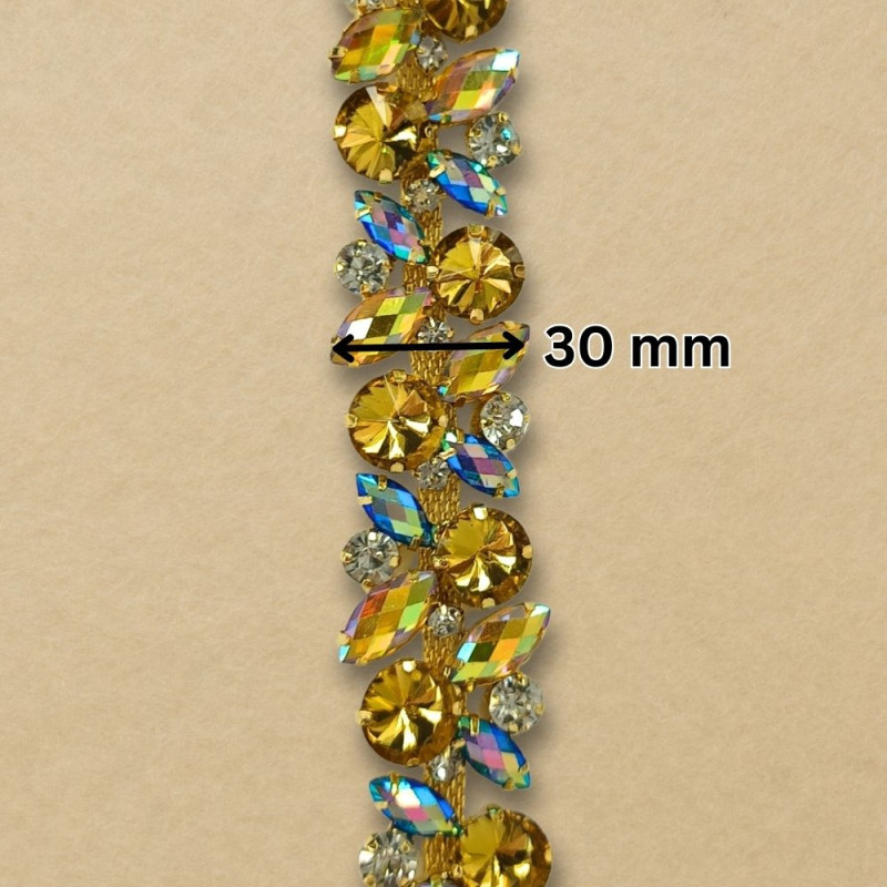 Metalna traka sa cirkonima / Dugin sjaj - Zlatna / Zlatna osnova / 30 mm