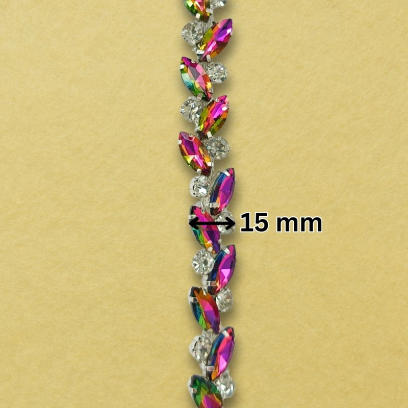Metalna traka sa cirkonima / Dugin sjaj - Roze - Crystal / Srebrna osnova / 15 mm